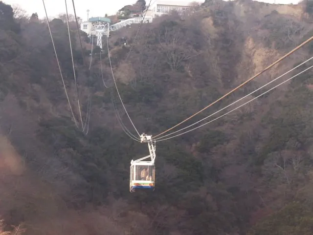 Nihondaira Ropeway gondola crossing the wooded gorge toward Kunozan