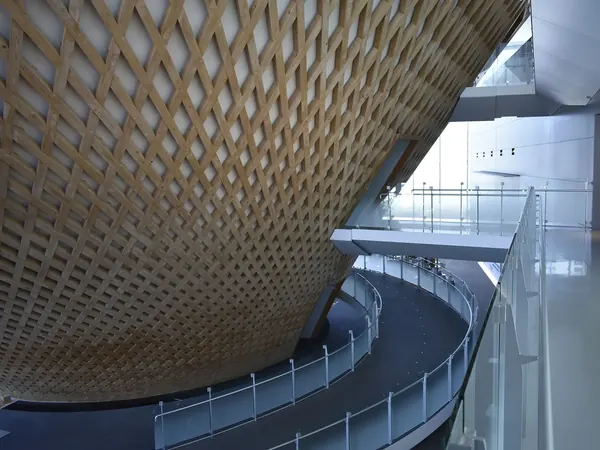 The spiral ramp inside the timber lattice cone