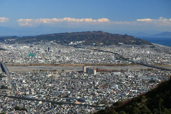 The Nihondaira plateau rising behind Shizuoka city