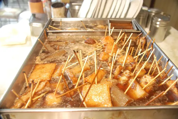 A tray of dark-broth Shizuoka oden
