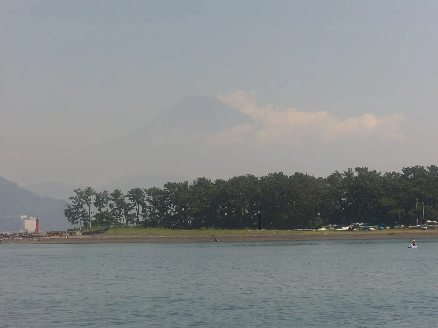 Mt. Fuji beyond the Miho pine spit, seen from the Shimizu water bus crossing the bay